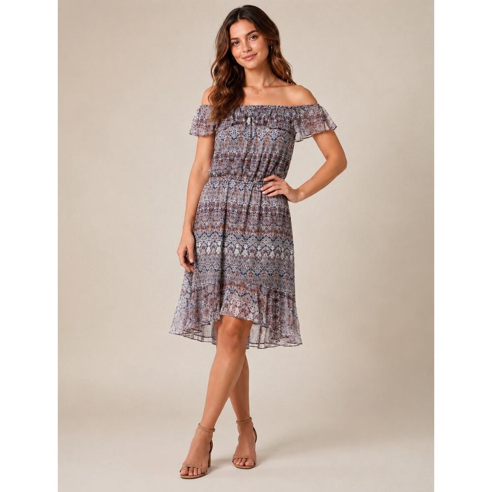 L’Agence Off Shoulder Paisley 100% Silk Dress XS Boho Romantic Flowy Ruffle Hem